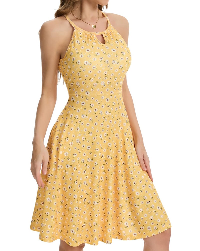 ANYFITTING Built in Bra Halter Dresses for Women 2026 Summer Pockets Dress Flowy Midi Sundresses Beach Vacation Yellow White - Image 5
