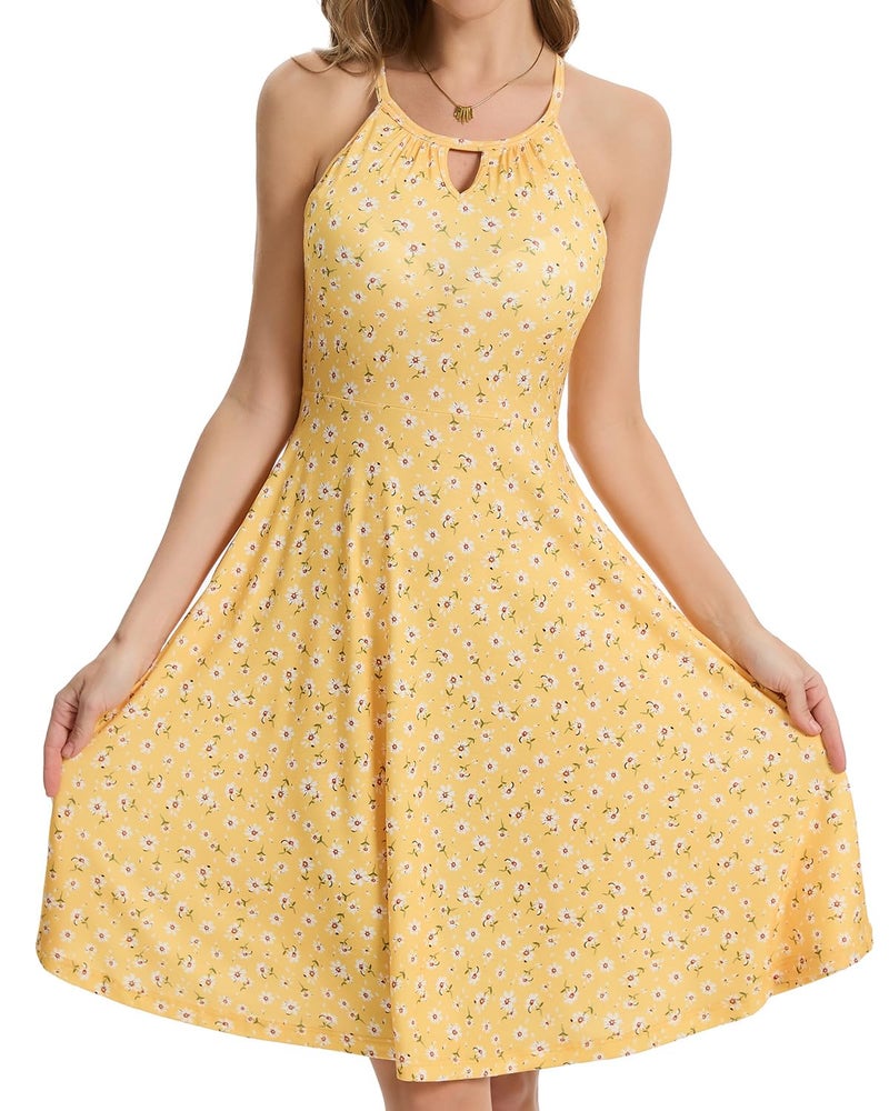 ANYFITTING Built in Bra Halter Dresses for Women 2026 Summer Pockets Dress Flowy Midi Sundresses Beach Vacation Yellow White - Image 4