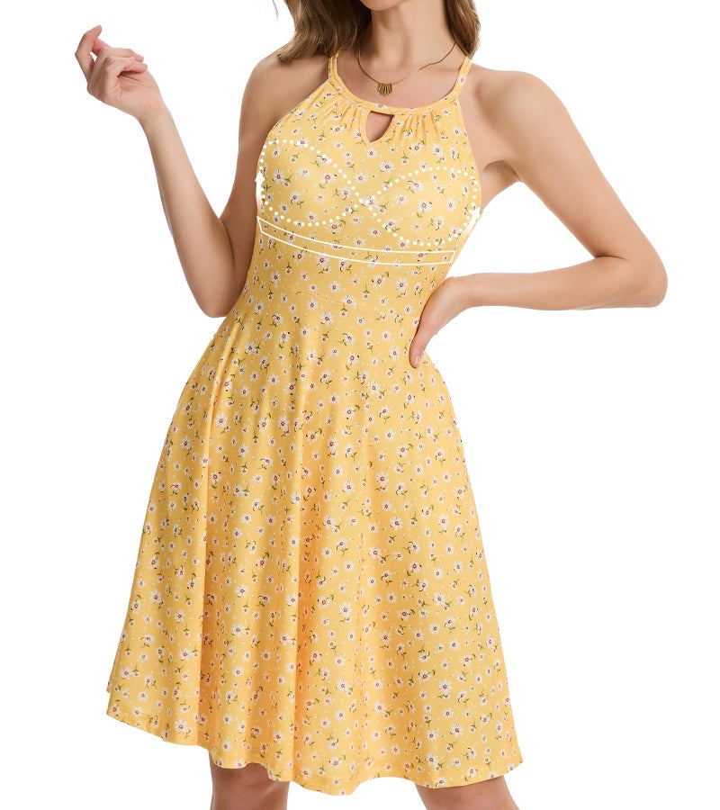 ANYFITTING Built in Bra Halter Dresses for Women 2026 Summer Pockets Dress Flowy Midi Sundresses Beach Vacation Yellow White - Image 1