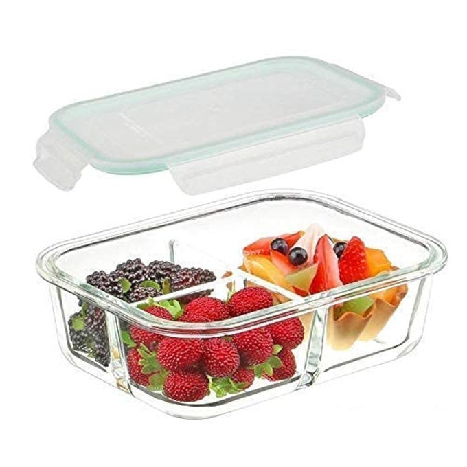 GLASS MEAL PREP CONTAINERS 3 COMPARTMENT BENTO SET OF 1 DIVIDED GLASS LUNCH BOX WITH AIRTIGHT LID LEAK PROOF REUSABLE FOOD CONTAINER PORTION CONTROL MICROWAVE SAFE MULTI