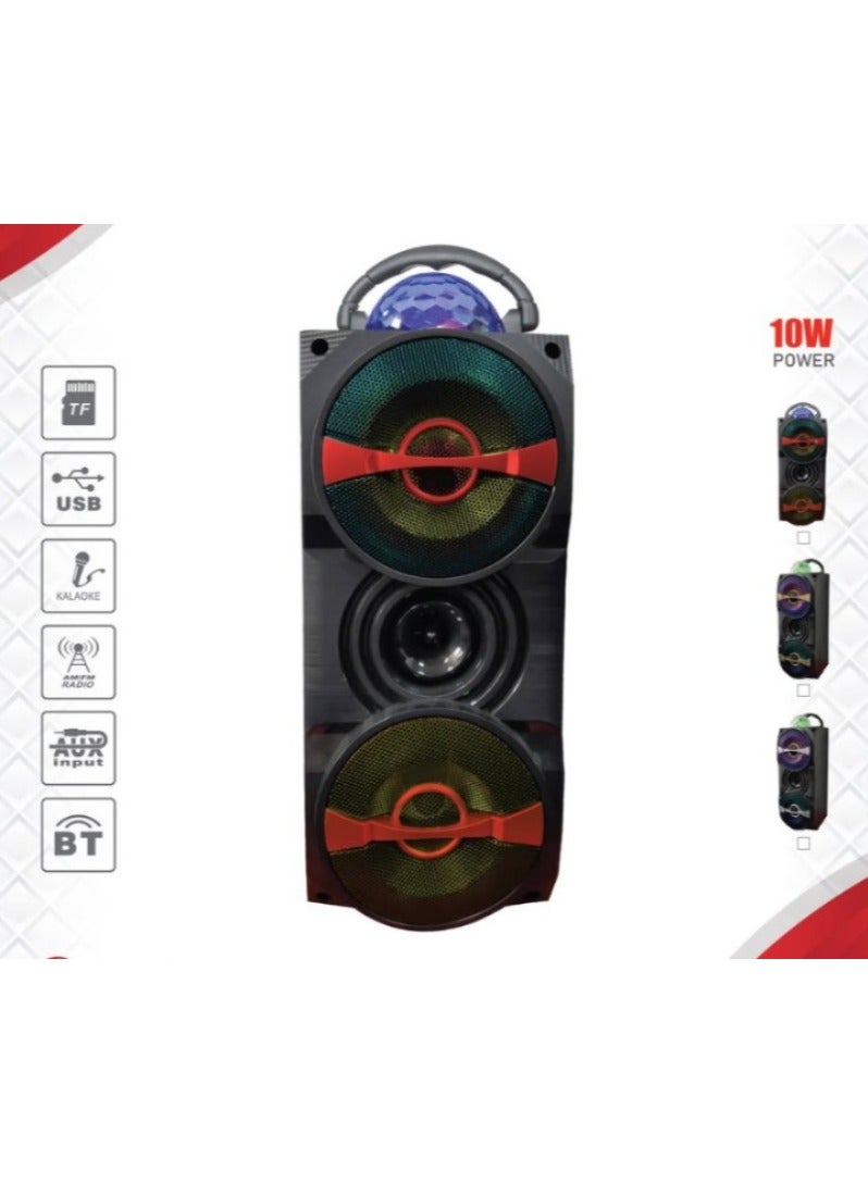 Speaker Bluetooth, USB, memory, and AUX. It has a radio and LED lighting in different colors. It has a remote control.