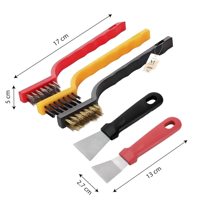 NFI essentials 5 Pcs. Gas Cleaning Brush & Scraper, Wire Brush, Stainless Steel, Brass, Nylon Kitchen Brush, Gas Stove Cleaning Brush - Image 5