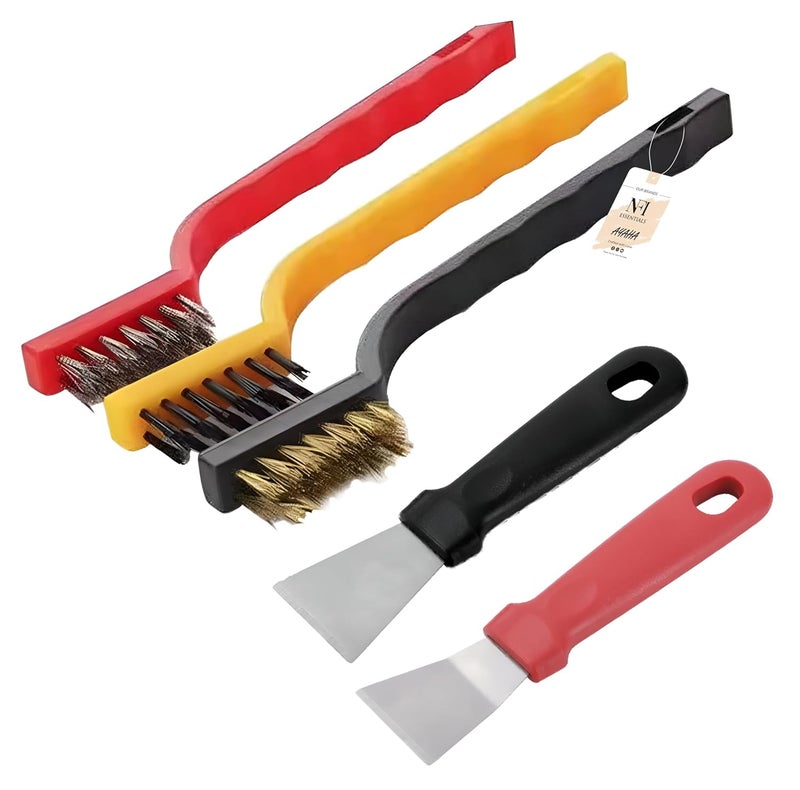 NFI essentials 5 Pcs. Gas Cleaning Brush & Scraper, Wire Brush, Stainless Steel, Brass, Nylon Kitchen Brush, Gas Stove Cleaning Brush - Image 1