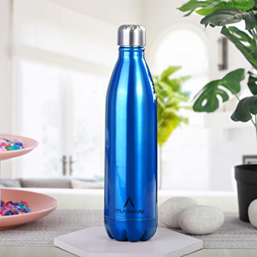 Atlasware Stainless Steel Vacuum Insulated Water Bottle | Durable BPA-Free Leakproof Double Wall Hot and Cold Bottle for Office, School, Gym, Travel, Home and Kitchen Use (Dark Blue, 1000ml) - Image 1