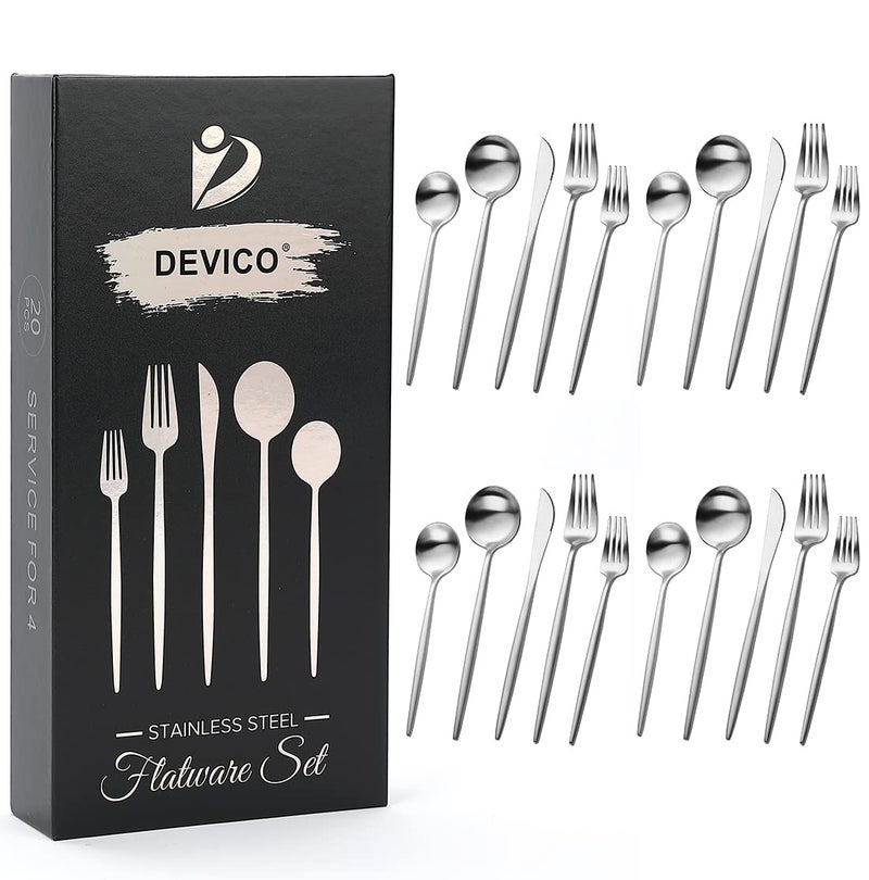 Devico Matte Silverware Set 20Piece 1810 Stainless Steel Flatware Cutlery Utensils Tableware Set Service for 4 Great Gift for FriendsFamily Dishwasher Safe 4 sets SilverA