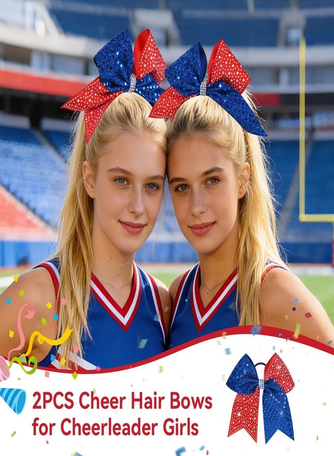 CN 2PCS Blue and Red Cheer Hair Bows for Cheerleader Girls，7 Inch Sparkly Glitter Cheerleading Bows, Large Shiny Cheer Hair Bows Ponytail Holder for Cheerleader Girls Softball Sports - Image 3