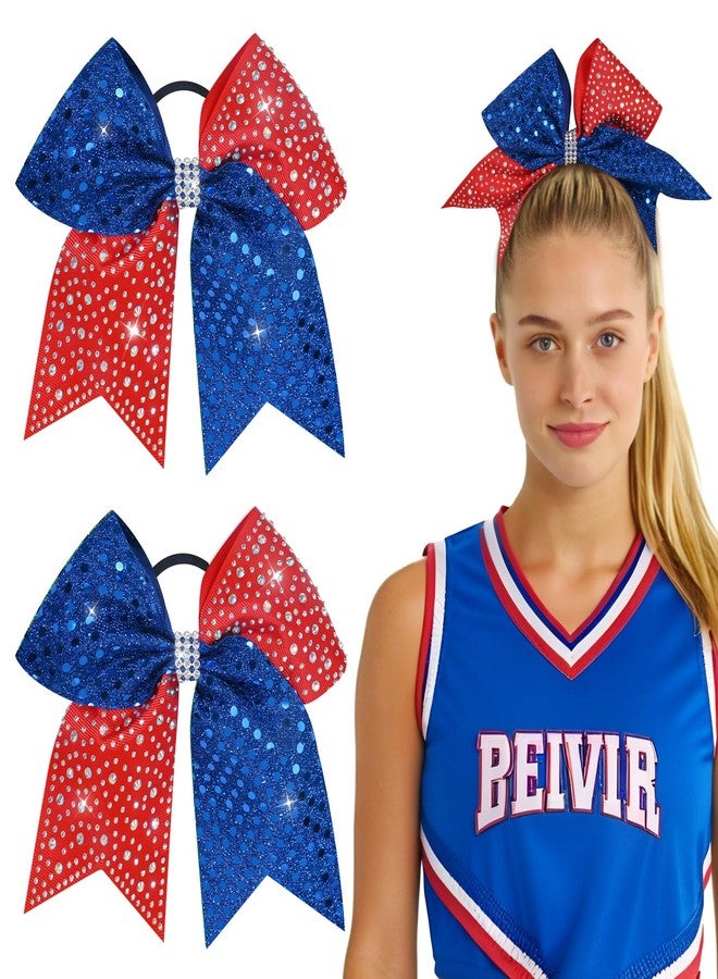 CN 2PCS Blue and Red Cheer Hair Bows for Cheerleader Girls，7 Inch Sparkly Glitter Cheerleading Bows, Large Shiny Cheer Hair Bows Ponytail Holder for Cheerleader Girls Softball Sports - Image 1