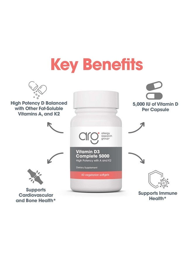 Allergy Research Group Vitamin D3 Complete 5000 IU - Vitamin D3 and K2 Supplement, Daily Balance, with Vitamin A, DeltaGold Tocotrienols, High Potency, Veggie Softgels - 60 Count - Image 4