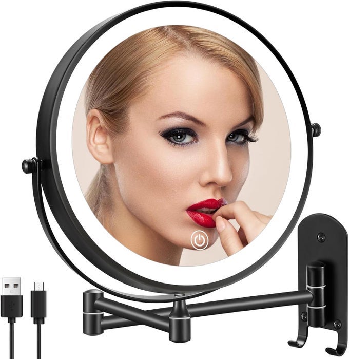 9" WALL MOUNTED LIGHTED MAKEUP MIRROR, RECHARGEABLE DOUBLE SIDED 1X/10X MAGNIFYING MIRROR WITH 3 COLOR LIGHTS, DIMMABLE 360SWIVEL VANITY MIRROR WITH HOOK FOR BATHROOM, BLACK