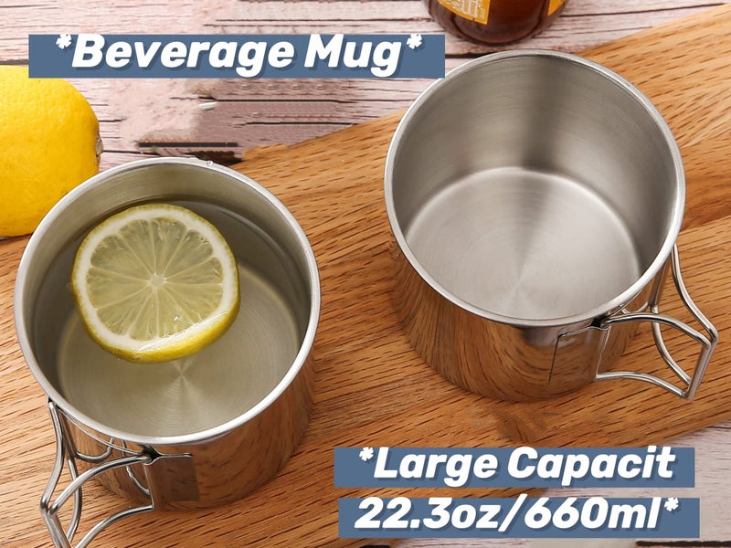 Hikaru Stainless Steel Camping Mugs Outdoors Cup with Foldable Handle 2 Piece Set 660ml/22.3oz Great for Backpacking , Hiking, Hunting, Fishing and Survival Adventure - Image 3