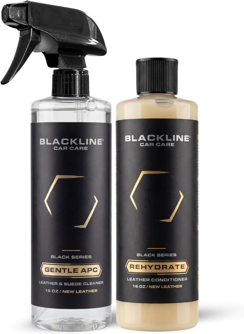 BlackLine Leather Cleaner and Conditioner Care Kit - 2 (16 Fl Oz) Bottles - Effectively Cleans And Conditions Leather Car Interiors, Shoes, Boots, Bags, Furniture, Appparel And More - Image 1