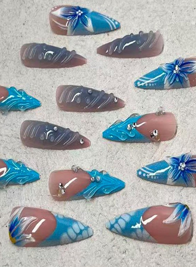 Jremg Blue French Tip Press on Nails Long Stiletto Fake Nails with Rhinestones Designs Reusable Cute 3D Blue Gradient Flowers False Nails for Women Daily Wear 24Pcs - Image 5