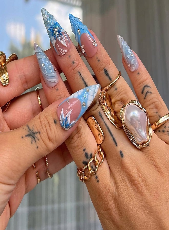 Jremg Blue French Tip Press on Nails Long Stiletto Fake Nails with Rhinestones Designs Reusable Cute 3D Blue Gradient Flowers False Nails for Women Daily Wear 24Pcs - Image 2