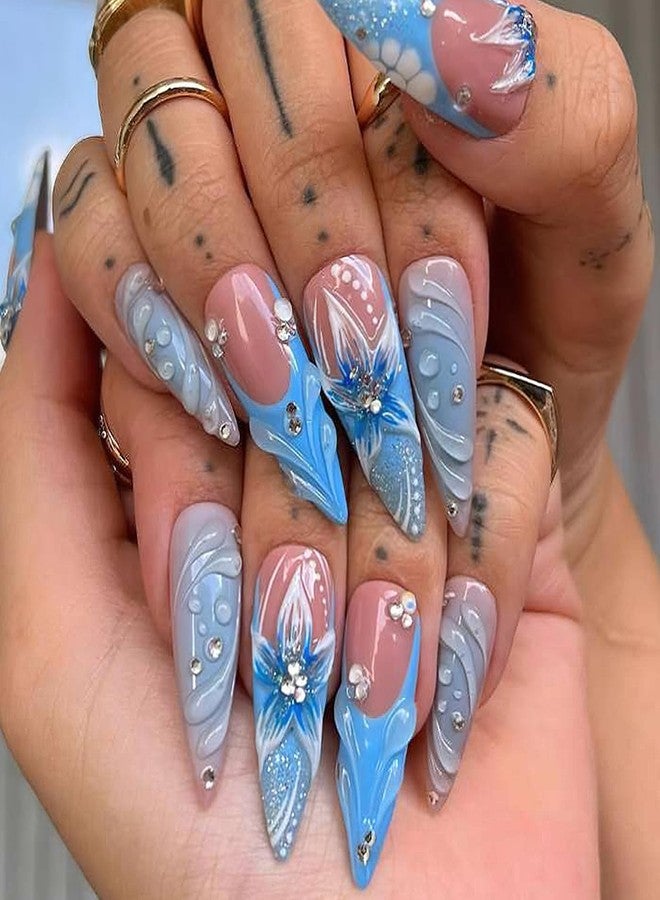 Jremg Blue French Tip Press on Nails Long Stiletto Fake Nails with Rhinestones Designs Reusable Cute 3D Blue Gradient Flowers False Nails for Women Daily Wear 24Pcs - Image 1