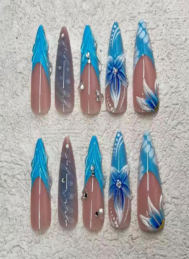 Jremg Blue French Tip Press on Nails Long Stiletto Fake Nails with Rhinestones Designs Reusable Cute 3D Blue Gradient Flowers False Nails for Women Daily Wear 24Pcs - Image 4