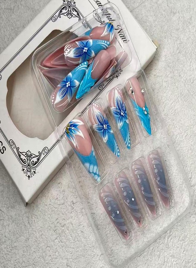 Jremg Blue French Tip Press on Nails Long Stiletto Fake Nails with Rhinestones Designs Reusable Cute 3D Blue Gradient Flowers False Nails for Women Daily Wear 24Pcs - Image 3