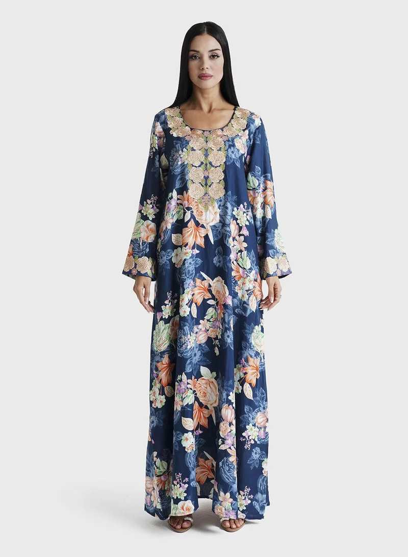 KASHKHA Navy Blue Floral Printed Cotton Satin Mukhawar Jalabiya (VG3011)
