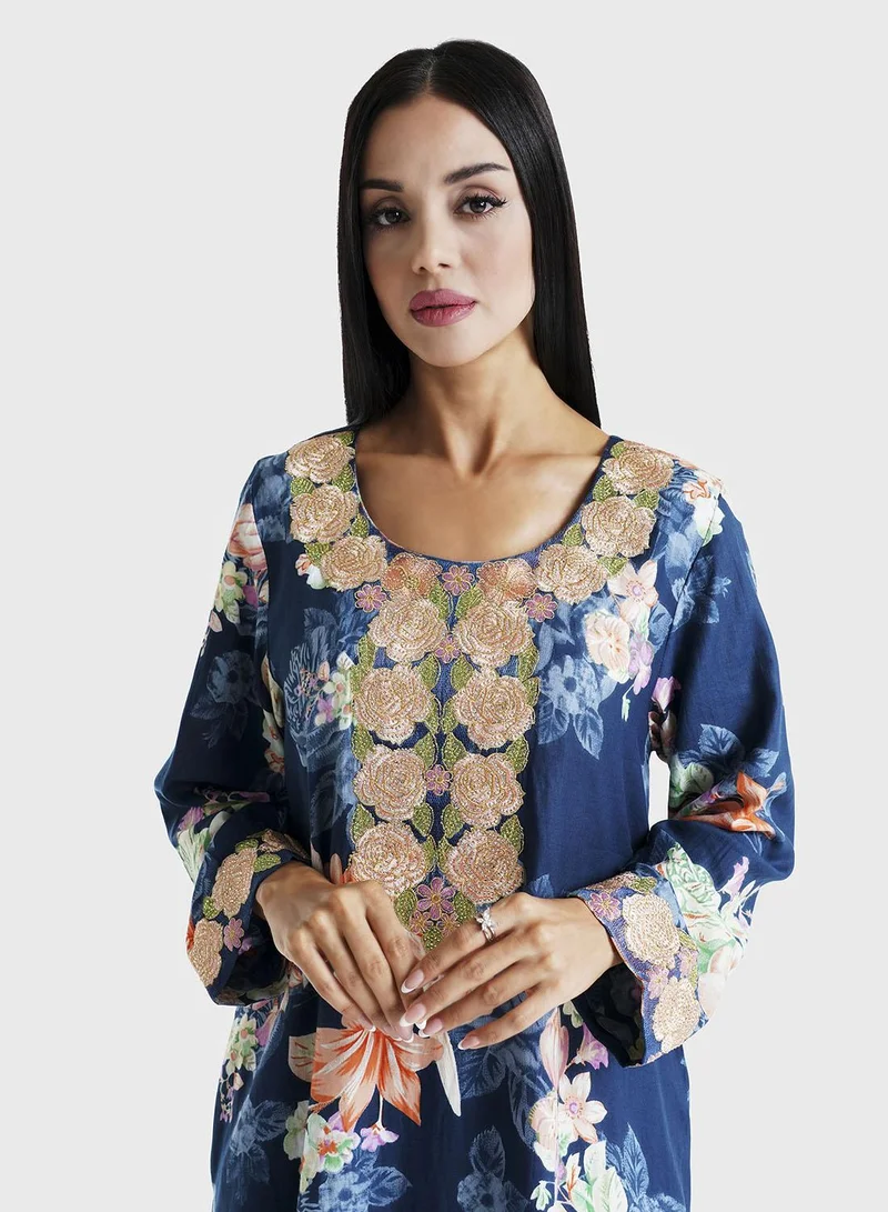 KASHKHA Navy Blue Floral Printed Cotton Satin Mukhawar Jalabiya (VG3011)