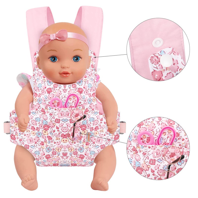GAGAKU GAGAKU Baby Doll Carrier Stuffed Animal Carrier for Girls Doll Accessory Adjustable Straps for 12 to 20 inch Reborn Baby Dolls - Pink Flowers  - Image 2