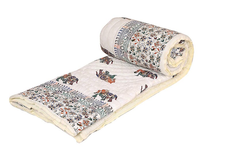 SVT Traditional Famous Rajasthani Print Jaipuri Beautiful Floral Print in Multi Color Elephant mughal Print Jaipuri Rajai/Razai/Quilt King Size/King Size Bed Quilt/Comforter/AC Quilt/AC Comforter - Image 1