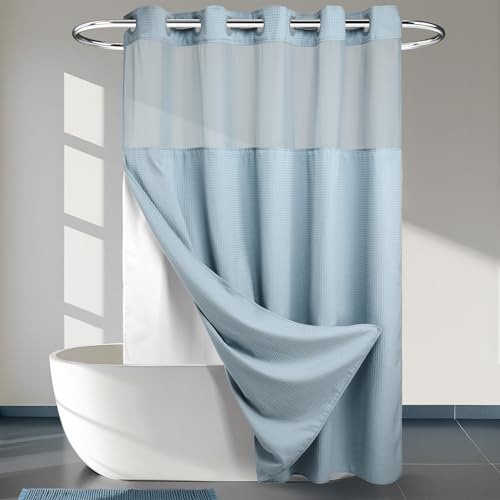 Heavyweight No Hooks Required Dotted Waffle Weave Shower Curtain with Snap in Liner  71W x 74HHotel GradeSpa Like Bath CurtainBlue