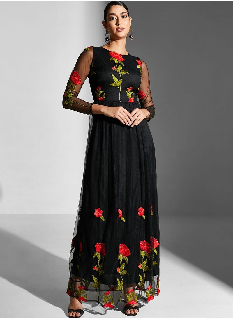 Golden Apple Floral Embroidered Mesh Detail Dress  - Image 1