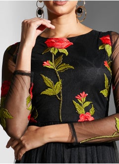 Golden Apple Floral Embroidered Mesh Detail Dress  - Image 3
