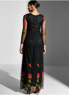 Golden Apple Floral Embroidered Mesh Detail Dress  - Image 2