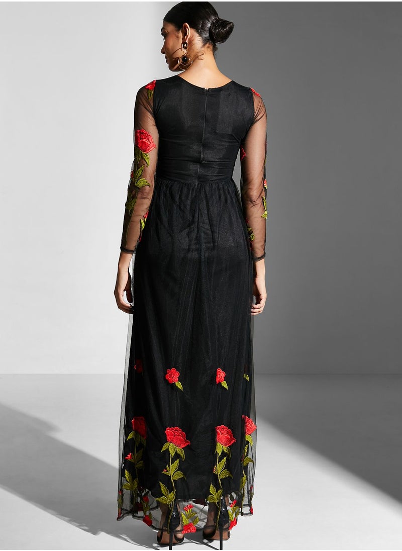 Golden Apple Floral Embroidered Mesh Detail Dress  - Image 2