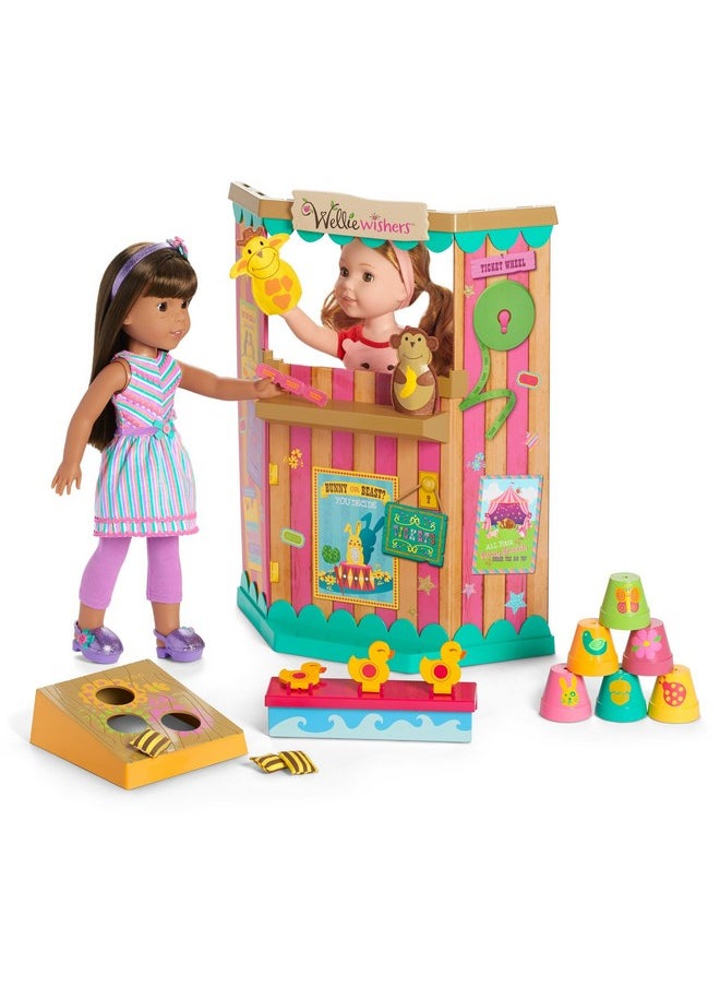 Welliewishers Carnival Games Set For 14.5Inch Dolls With A Carnival Stand, Toss Game Board, Six Colorful Flowerpots, Duck Targets, Two Felt Finger Puppets, Ages 4+