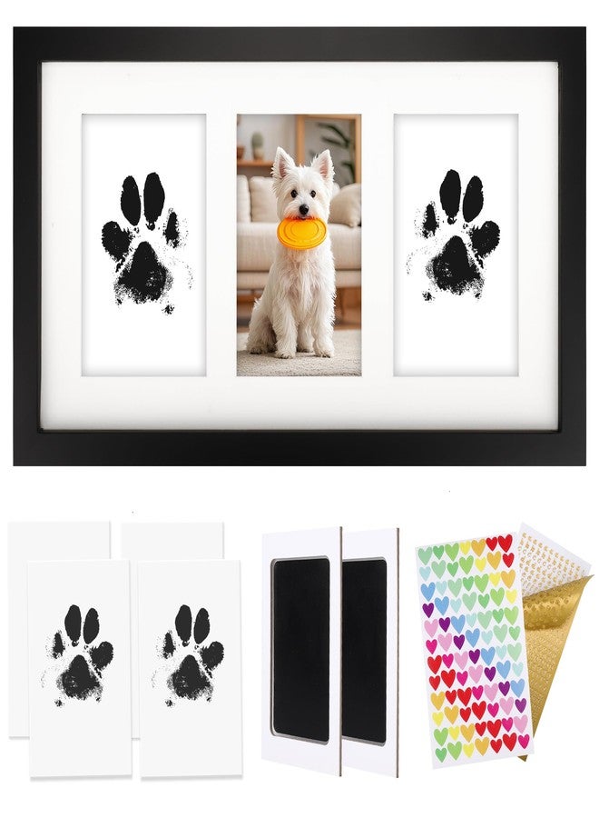 AEVETE 8x15 Pet Paw Print Picture Frame Inkless Kit Wooden Pet Memorial Gifts for Tabletop or Wall Display Three 4x6 Photos Black - Image 1