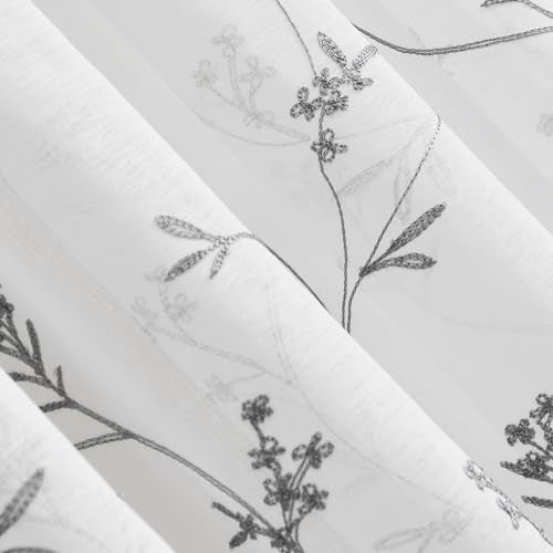 No. 918 Delia Embroidered Floral Sheer Rod Pocket Curtain Panel, 50" x 84", White - Image 3