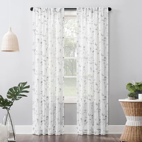 No. 918 Delia Embroidered Floral Sheer Rod Pocket Curtain Panel, 50" x 84", White - Image 1