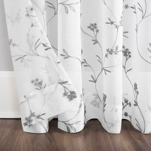No. 918 Delia Embroidered Floral Sheer Rod Pocket Curtain Panel, 50" x 84", White - Image 4