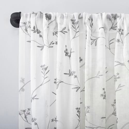 No. 918 Delia Embroidered Floral Sheer Rod Pocket Curtain Panel, 50" x 84", White - Image 2