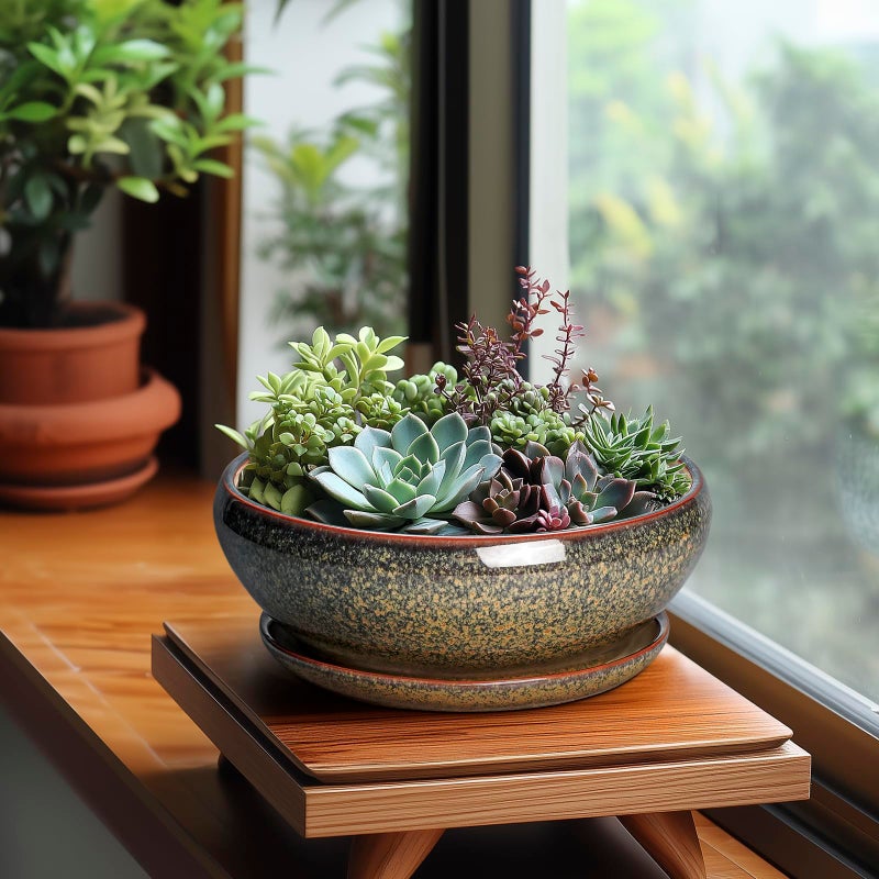 SQOWL Succulent Pots - 8 Inch Ceramic Bonsai Pots, Round Shallow Planter with Drainage Hole and Saucer, Succulent Indoor Planter, Bowl Planters Outdoor, Apartment Decor, Gifts for Women, Brown - Image 3