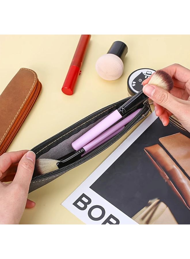 Black Faux Leather Pen Pouch With Zipper Portable Organizer For Pens Markers Makeup - Image 4