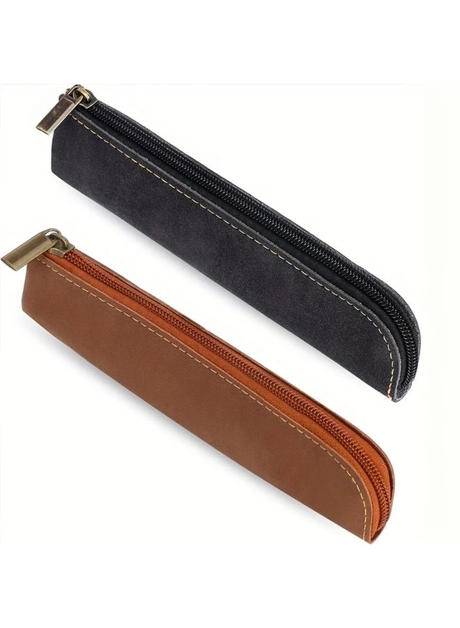 Black Faux Leather Pen Pouch With Zipper Portable Organizer For Pens Markers Makeup - Image 1