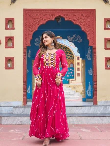 KD Women's Georgette Anarkali Kurta Set, Long Sleeve, Laheriya Floral Print Design with Kutchi Miror Patchwork Real Mirror Work Anarkali kurta Pant set, Calf Length (IN, Alpha, L, Pink) - Image 4
