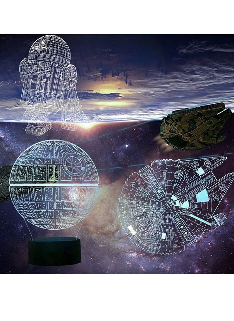 althiqahkey - 3D Star Wars Lamp Gifts 3 Pattern R2-D2 Death Star Millennium Falcon Star Wars Light with Remote Control Optical Illusion LED Light - Image 1