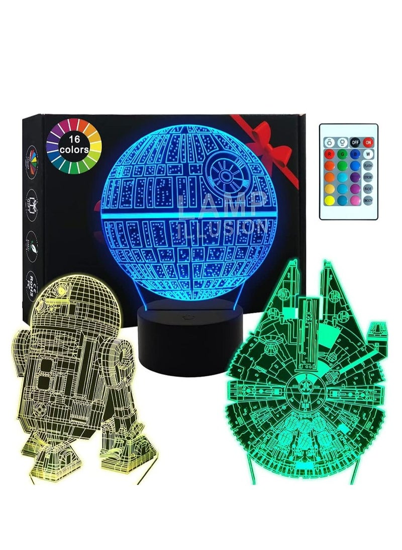 althiqahkey - 3D Star Wars Lamp Gifts 3 Pattern R2-D2 Death Star Millennium Falcon Star Wars Light with Remote Control Optical Illusion LED Light - Image 1