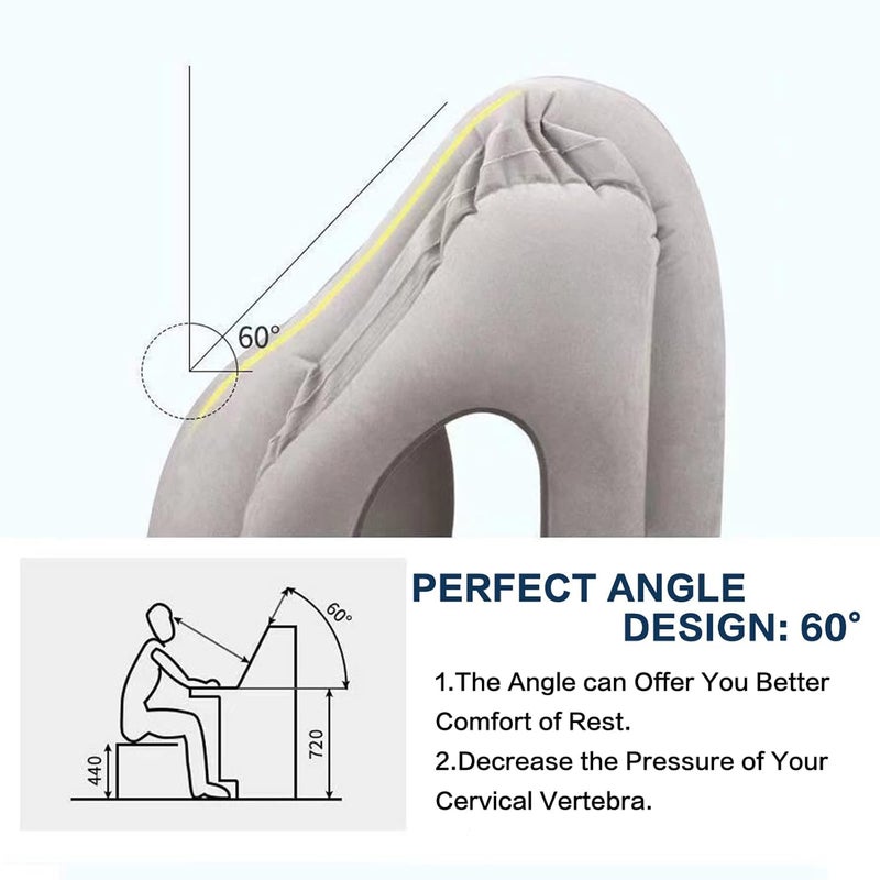 MBUYS MALL وسادة سفر قابلة للنفخ من MBUYS MALL، وسادة طائرة بغطاء ناعم للغاية، قماش PVC، تصميم صمام كبير للنفخ والتفريغ لدعم الرقبة (رمادي) - Image 2