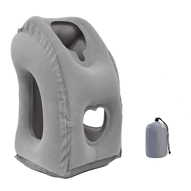 MBUYS MALL وسادة سفر قابلة للنفخ من MBUYS MALL، وسادة طائرة بغطاء ناعم للغاية، قماش PVC، تصميم صمام كبير للنفخ والتفريغ لدعم الرقبة (رمادي) - Image 1