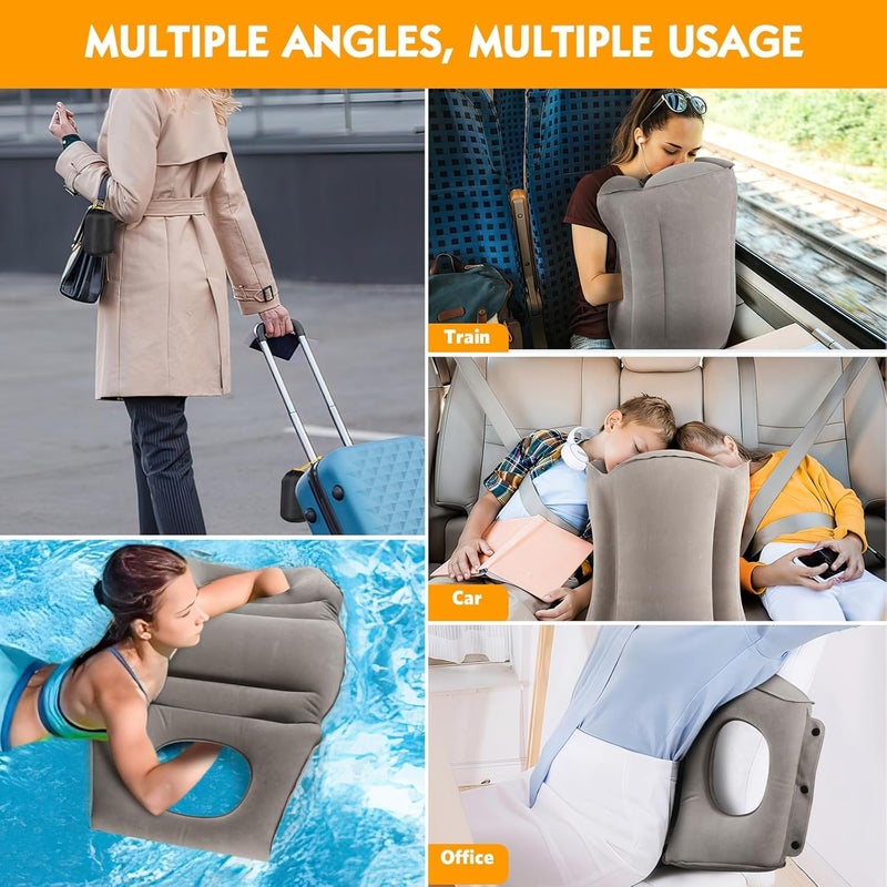 MBUYS MALL وسادة سفر قابلة للنفخ من MBUYS MALL، وسادة طائرة بغطاء ناعم للغاية، قماش PVC، تصميم صمام كبير للنفخ والتفريغ لدعم الرقبة (رمادي) - Image 5