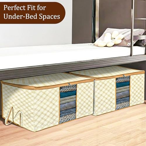 Kuber Industries Underbed Storage Bag | Clothes Storage Organizer | Blanket Cover with Clear Window | Zipper Closure & Handle Cloth Organizer | Check-Design | Large | Pack of 6 | Cream - Image 4