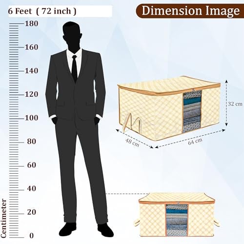 Kuber Industries Underbed Storage Bag | Clothes Storage Organizer | Blanket Cover with Clear Window | Zipper Closure & Handle Cloth Organizer | Check-Design | Large | Pack of 6 | Cream - Image 3