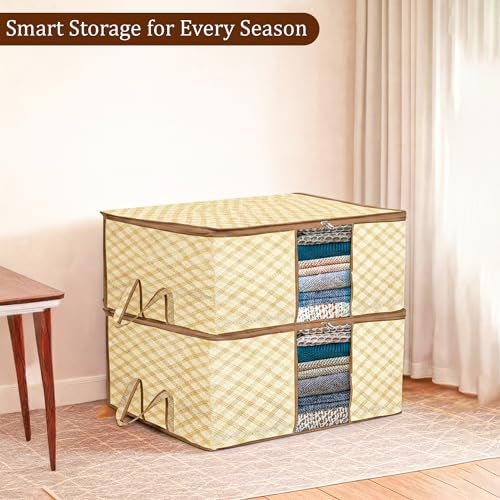 Kuber Industries Underbed Storage Bag | Clothes Storage Organizer | Blanket Cover with Clear Window | Zipper Closure & Handle Cloth Organizer | Check-Design | Large | Pack of 6 | Cream - Image 2