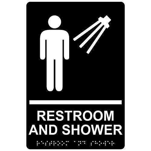 ComplianceSigns.com Restroom And Shower (Braille = Restroom And Shower) ADA-Compliant Braille Sign, 9x6 in. Black Acrylic for Restrooms, American Made Safety Signs for the Workplace - Image 1