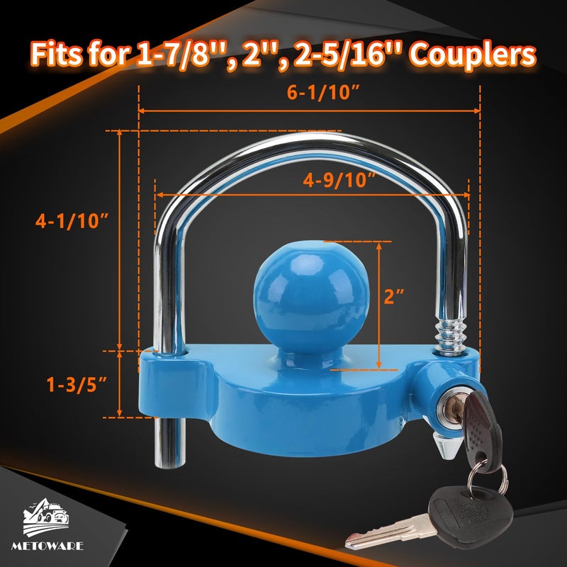 METOWARE Trailer Coupler Lock Universal Adjustable Heavy-Duty Steel Trailer Hitch Lock, Anti Theft Trailer Ball Lock Towing Lock for Towing Trailer Security Fits 1-7/8",2”, 2-5/16" Coupler Blue - Image 2