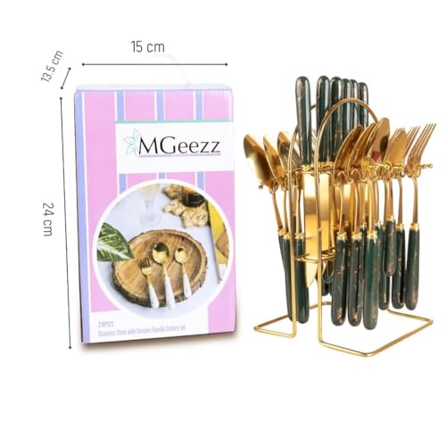 MGeezz Stainless Steel Spoons, Forks & Knives Set of 24 with Stand and Ceramic Handle (Forest Green) - Image 4